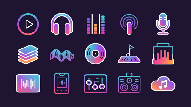 Creative music icons with play symbol headphones volume bars vinyl record and audio waveform design.