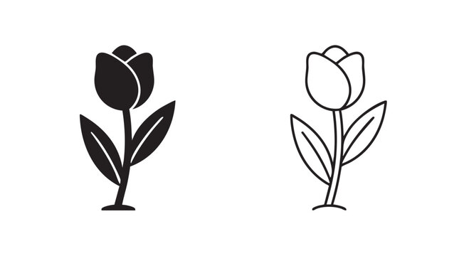 tulip vector silhouette with line art pair icon featuring flower, plant, black with white