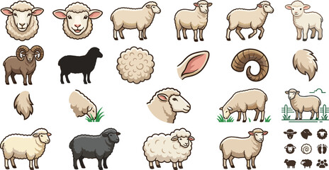 Sheep Farming Icon Set with Ram Lamb Wool Grazing Herd and Livestock Animal Symbols for Agriculture Website Application Designs © mdferozhossain