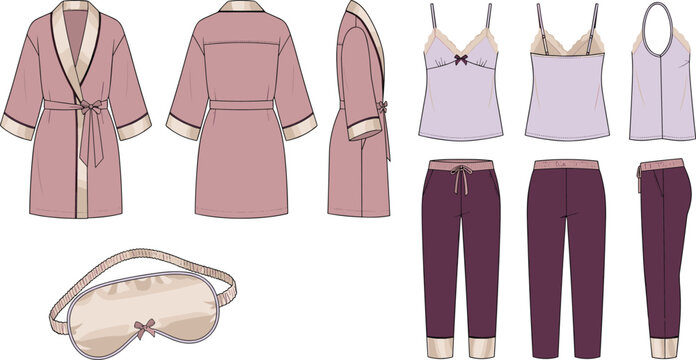 Elegant women nightwear and loungewear fashion flat sketch template featuring a robe, camisole, pants, and sleep mask