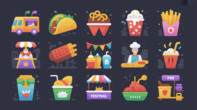 Street food festival and outdoor market flat vector icons for snacks and fast food items.