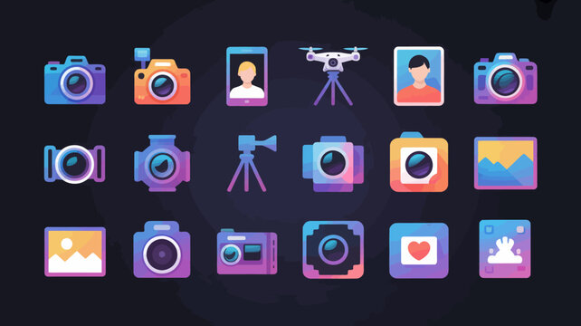 Set of colorful camera and photography icons with creative colorful gradients.