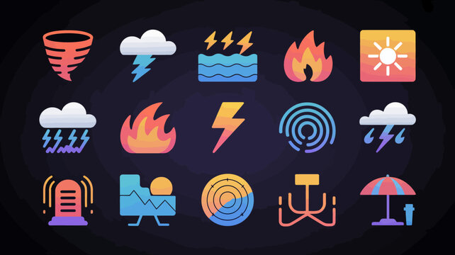 Weather icons vector set in flat gradient style with sun storm lightning and fire.