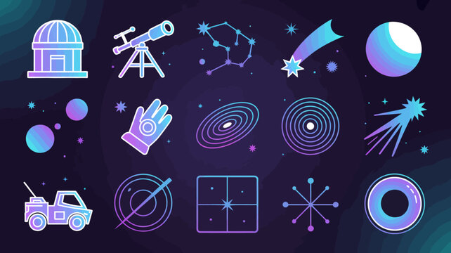 Collection of space science icons featuring astronomy tools cosmic exploration and galaxy symbols.