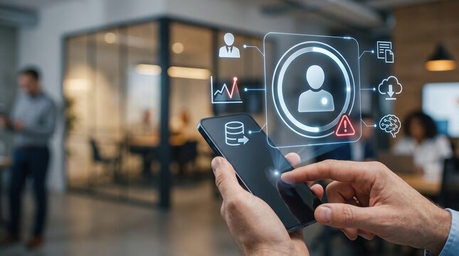 Chief Information Security Officer Interacting with Insider Threat Detection Interface in Enterprise Office