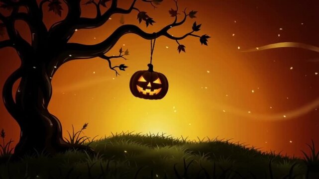 Glowing jack o lantern pumpkin hanging from a dark tree branch in this spooky animation