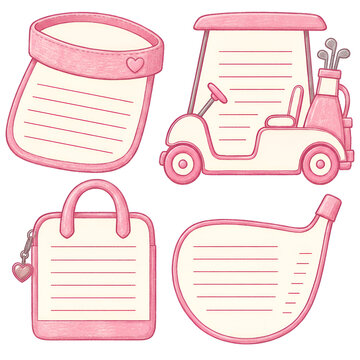Golf Memo Paper and Sticky Note Set in Crayon Style (Pink)
