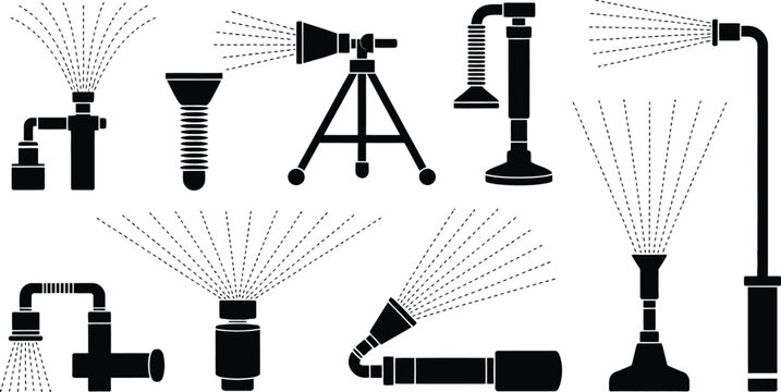 Water spray nozzle vector illustration, irrigation sprinkler equipment icon collection, garden watering system silhouettes, agricultural plumbing engineering design