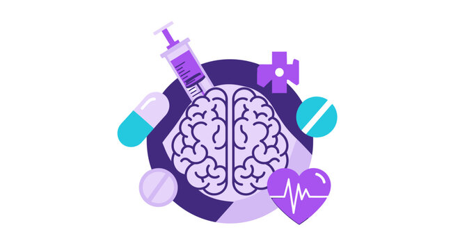Medical Brain Illustration with Pills, Syringe, and Heart Icons for Neurology and Mental Health Treatment Concepts