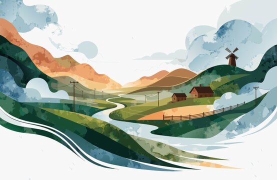 Abstract landscape with rolling hills river and village during sunset with stylized clouds and warm light