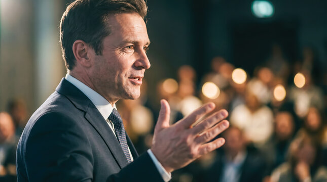 Professional businessman giving a presentation to an audience in a conference hall.