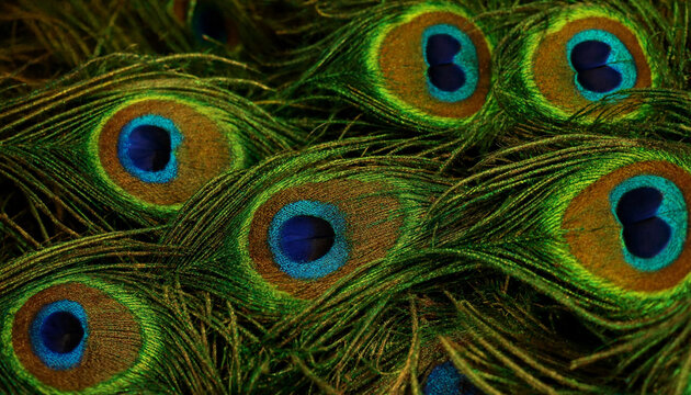 Close up of multiple iridescent peacock feathers overlapping to create a rich pattern of blue and green eyes with golden brown textures