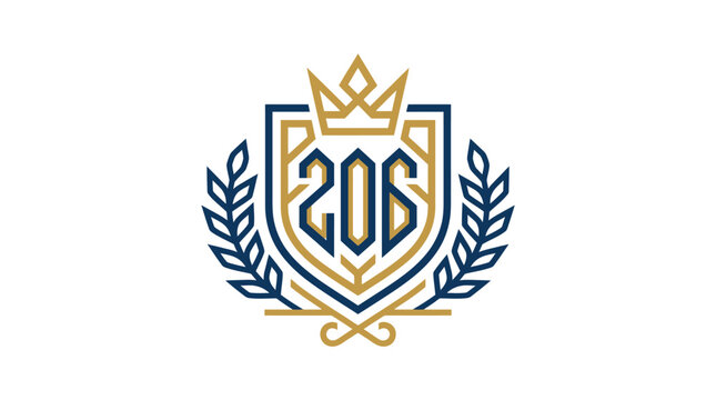 Ornate gold and blue crown crest with number 206.