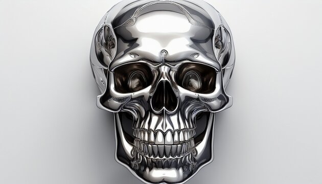symmetrical chrome skull with toothy grin on white background