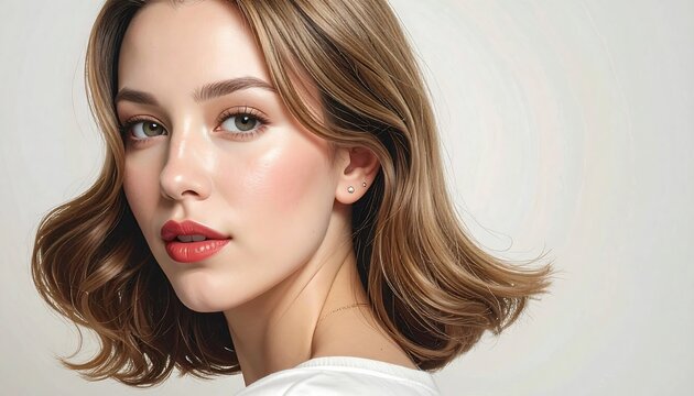 Portrait of a woman with short, wavy brown hair, looking at the viewer. She has light skin, red lips, and a white top