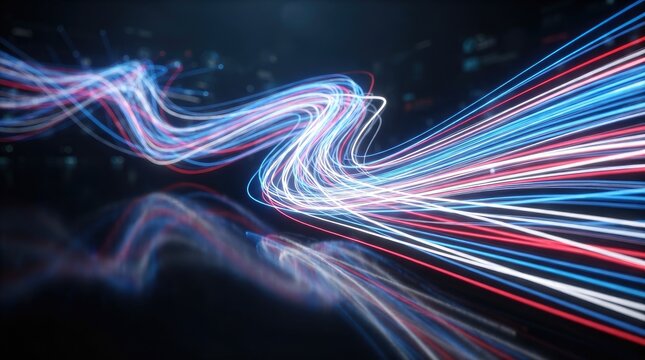 Abstract long exposure light trails creating dynamic wavy patterns against a dark reflective background in vibrant colors