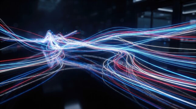 Abstract digital light trails flowing across a dark background representing high speed data transfer and modern network connectivity