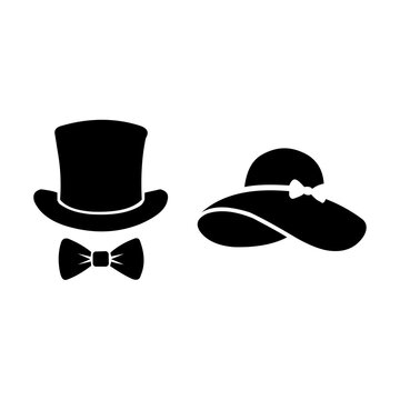 Vintage Gentleman Top Hat Bowtie and Elegant Lady Sun Hat Vector Silhouette Icon Set. Resizable and editable, EPS 10.
