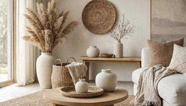 Cozy living room interior with beige tones, featuring pampas grass in a large vase, woven baskets, wooden furniture, and soft linen textiles