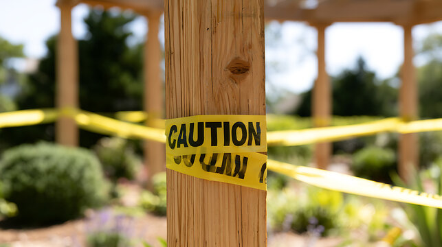 Yellow caution tape wrapped around a wooden post outdoors, signifying hazard, danger, or restricted access in a public or private space