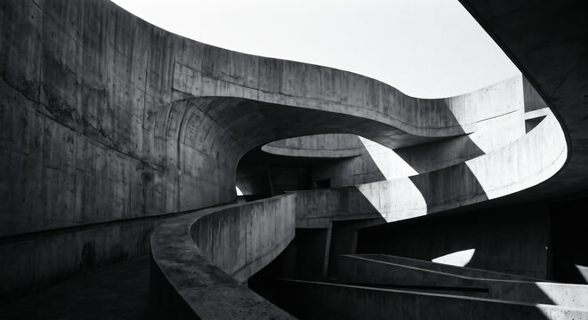 Abstract Brutalist Concrete Architecture with Curved Ramps and Dramatic Shadows