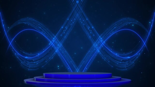 Blue infinity light stage glowing loop waves, star particles, and futuristic podium platform. technology videos, science intros, music visuals, event screens, digital promos, and modern overlays.