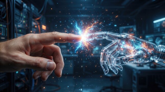 A human finger touches a futuristic digital robotic hand creating a bright spark of energy in a dark room