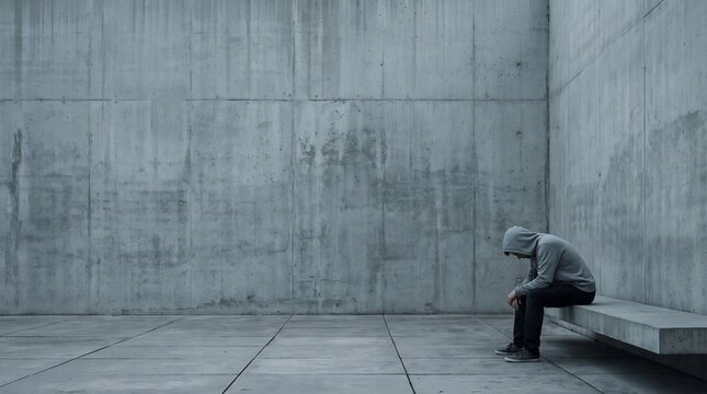 Depressed man in a hoodie sitting alone on a concrete bench in an empty grey space