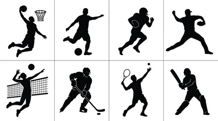 Athletes sports silhouettes set featuring basketball slam dunk soccer football baseball volleyball ice hockey tennis and cricket players © Mehedi