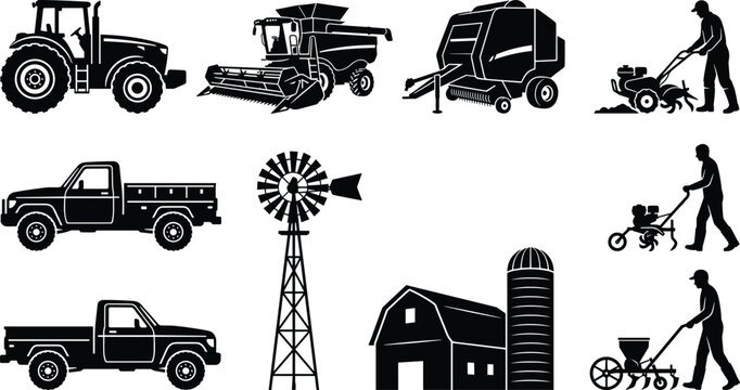 Agricultural machinery and farm equipment set featuring tractor combine harvester baler pickup truck windmill barn and tiller silhouettes