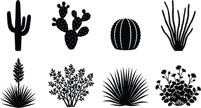 Desert plants and cactus silhouettes set featuring saguaro prickly pear barrel cactus yucca agave and desert flora vector icons