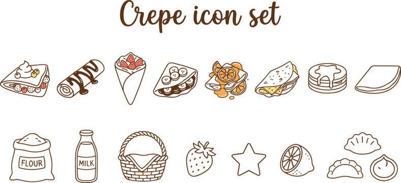 Sweet and savory crepe icon set with french pancakes baking ingredients fruits and dessert toppings in hand drawn sketch vector illustration style
