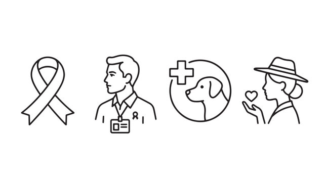 Social support icons represent awareness ribbons, medical IDs, pet care, and charity.