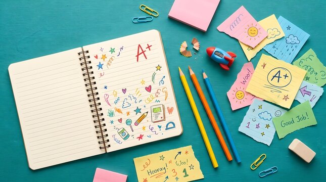 Open notebook with A plus grade. School supplies and colorful sticky notes on desk.