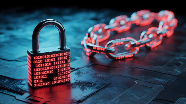 Padlock with binary code and glowing red chain, symbolizing blockchain security and data encryption