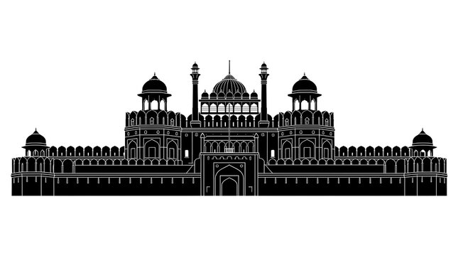 Detailed black silhouette of the historic Red Fort (Lal Qila) in Delhi, India. Ideal for cultural, architectural, and travel designs.