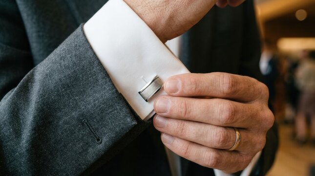 A close-up of a man adjusting his cufflink on a formal shirt, symbolizing elegance and sophistication in business attire for corporate settings, weddings, and events.
