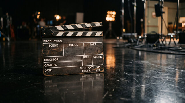 Cinema Clapboard on Set: A film production clapperboard stands ready on a dimly lit stage, surrounded by professional lighting equipment.