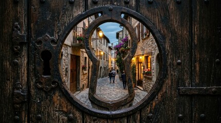 Obraz premium Explore a picturesque street through a keyhole, revealing charming architecture and evening lights, perfect for travel, tourism, and lifestyle themes.