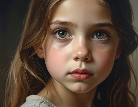 Portrait of a young girl with flowing brown hair, gazing directly at the viewer with captivating green eyes. Her skin is fair