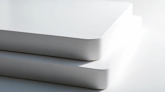 Abstract close up featuring two stacked white rectangular forms with rounded corners, smooth surfaces, soft shadows, highlighting minimalist modern design, clean geometric lines in bright light