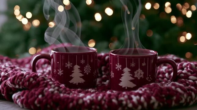 Cinematic 4K slow-motion video of two matching deep-red ceramic Christmas mugs, decorated with white hanging tree and snowflake silhouettes. Ai generated