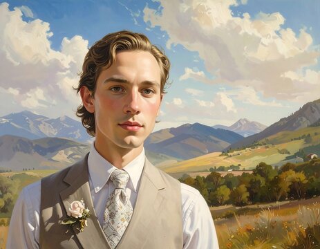 Portrait of a young man, dressed elegantly, posing against a backdrop of mountains and a picturesque landscape