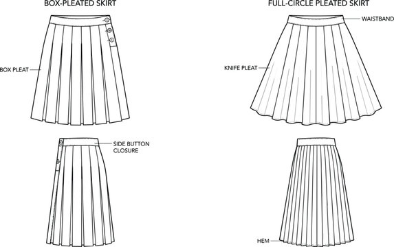 Pleated skirt fashion technical sketch vector template set showing box pleat and full circle knife pleat design details