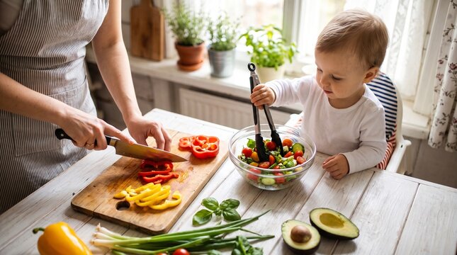 Mother and baby preparing a healthy salad together in a bright kitchen with fresh vegetables on the table