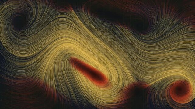 Swirling vector field lines flowing into dynamic vortexes create an abstract wind flow background in a warm gold and deep red vector field line render