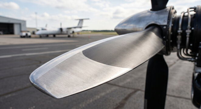Close Up of Turboprop Aircraft Propeller Blade on Airport Apron