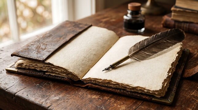 Vintage open book with quill pen and inkwell on rustic wooden desk by window