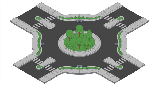 Isometric roundabout illustration with green landscaping and pedestrian crossings gray and green tones traffic intersection