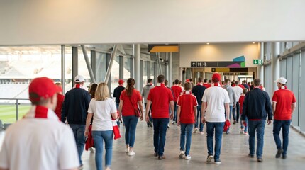 Fototapeta premium Sports fans walking through stadium concourse toward seating area